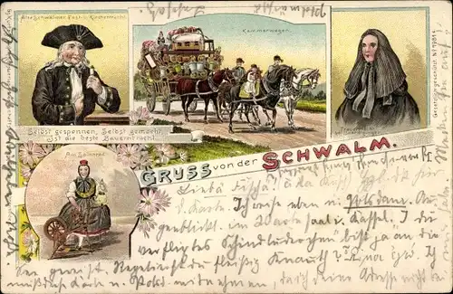 Litho Hessische Trachten aus der Schwalm, Spinnrad, Kammerwagen