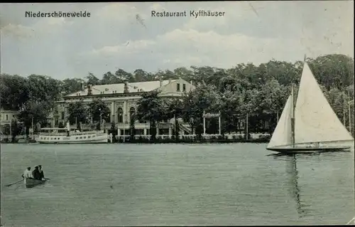 Ak Berlin Treptow Niederschöneweide, Restaurant Kyffhäuser, Segelboot