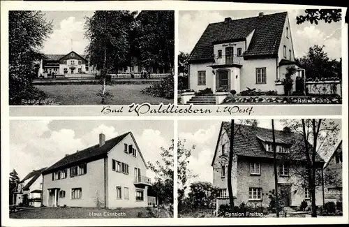 Ak Bad Waldliesborn Lippstadt in Westfalen, Haus Rieping, Badehaus, Haus Elisabeth, Pension Freitag