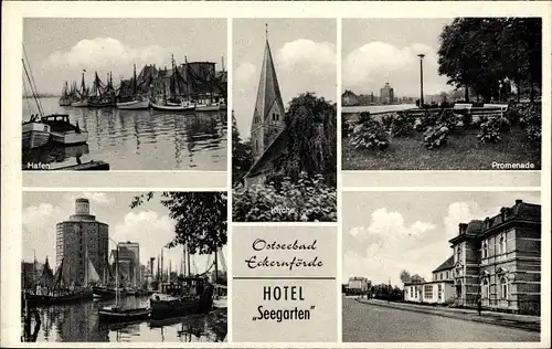 Ak Ostseebad Eckernförde, Hotel Seegarten, Kirche, Hafen, Promenade