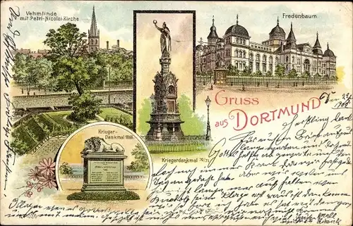 Litho Dortmund,Fredenbaum, Vehmlinde Petri Nicolai Kirche, Krieger Denkmal