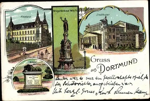 Litho Dortmund, Kriegerdenkmal, Stadttheater, Hauptpost