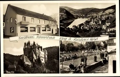 Ak Lieg a.d. Mosel, Gasthaus Schnorbach, Schwimmbad, Burg Eltz