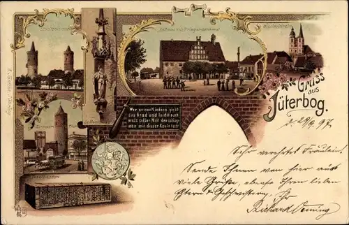 Litho Jüterbog in Brandenburg, Rathaus, Kriegerdenkmal, Kirche, Türme