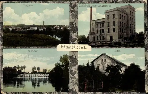 Ak Předměřice nad Labem Predmeritz an der Elbe Region Karlsbad, Schule, Fabrik, Blick auf den Ort