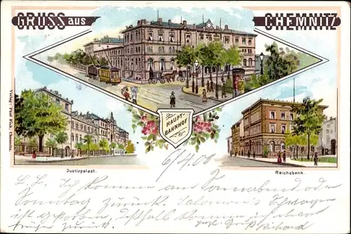 Litho Chemnitz Sachsen, Hauptbahnhof, Reichsbank, Justizpalast