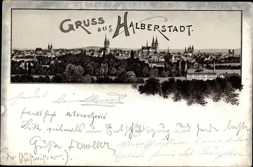 Vorläufer Litho Halberstadt Sachsen Anhalt, Totalansicht der Ortschaft, 1895