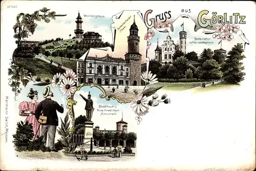 Litho Görlitz in der Lausitz, Restauration auf der Landeskrone, Weinberghaus, Prinz Friedrich Karl