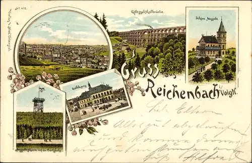 Litho Reichenbach im Vogtland, Panorama vom Ort, Göltzschtalbrücke, Schöne Aussicht