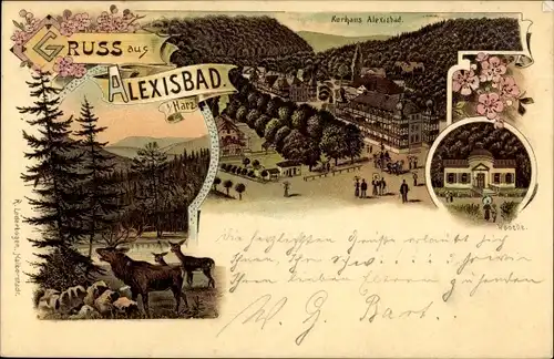 Litho Alexisbad Harzgerode am Harz, Kurhaus, Kapelle, Rotwild