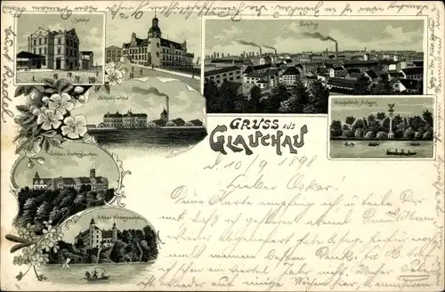 Litho Glauchau in Sachsen, Stadtbild, Bahnhof, Schloss, Post, Teichpartie