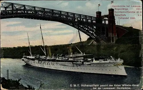 Ak Deutsches Kriegsschiff, SMY Hohenzollern, Kaiser Wilhelm Kanal, Hochbrücke