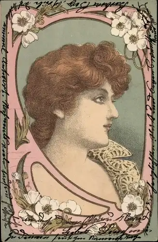 Jugendstil Künstler Ak Portrait einer rothaarigen Frau, Blüten