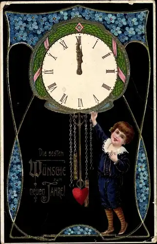 Präge Litho Glückwunsch Neujahr, Uhr schlägt Mitternacht, Junge