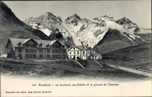 Ak Col du Lautaret Hautes Alpes, Dauphine, Les Hotels et le glacier de l'Homme