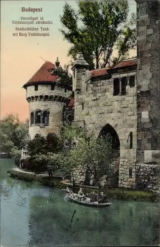 Ak Budapest Ungarn, Stadtwäldchen Teich mit Burg Vajdahunyad