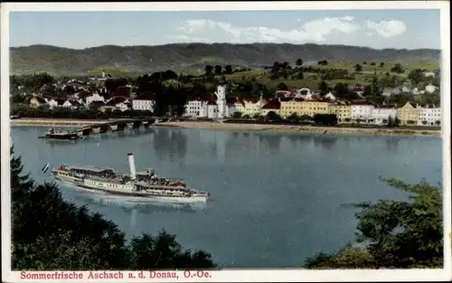 Ak Aschach an der Donau Oberösterreich, Totalansicht der Ortschaft, Anlegestelle, Salondampfer