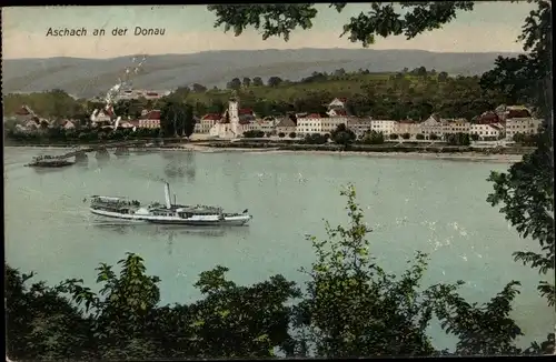 Ak Aschach an der Donau Oberösterreich, Totalansicht der Ortschaft, Salondampfer