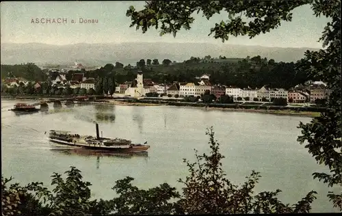 Ak Aschach an der Donau Oberösterreich, Totalansicht der Ortschaft, Salondampfer