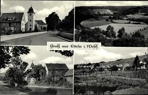 Ak Etteln Borchen NRW, Straßenpartie mit Kirche, Felder, Garten