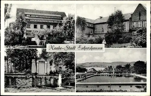 Ak Eschershausen im Weserbergland, Jugendherberge, Raabe Schule, Schwimmbad, Ehrenmal