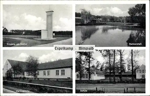 Ak Mittwald Espelkamp in Ostwestfalen Lippe, Eingang am Südtor, Badeanstalt, Martinskirche, Schule
