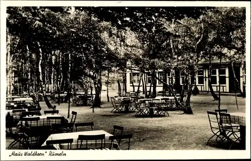 Ak Rumeln Kaldenhausen Duisburg im Ruhrgebiet, Gasthaus Haus Waldborn, Gartenpartie