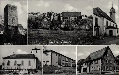 Ak Lohrbach Mosbach am Odenwald, Gasthof zum Adler, Schlossturm, Kirche, Schule, Denkmal, Ort