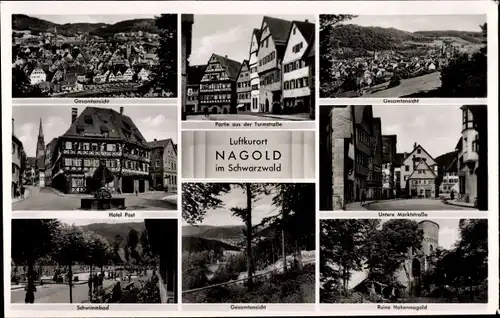 Ak Nagold im Schwarzwald, Gesamtansicht, Schwimmbad, Hotel Post, Ruine