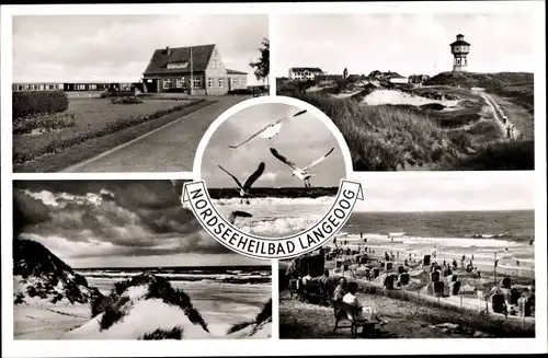 Ak Nordseebad Langeoog Ostfriesland, Wasserturm, Strandleben, Möwen, Dünen