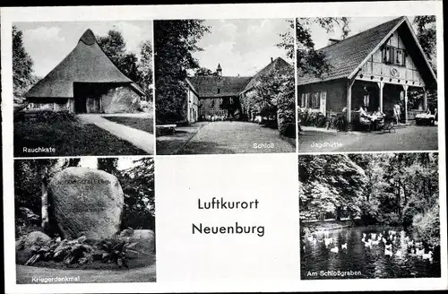 Ak Neuenburg Zetel in Friesland, Schloss, Jagdhütte, Rauchkate, Kriegerdenkmal, Am Schlossgraben
