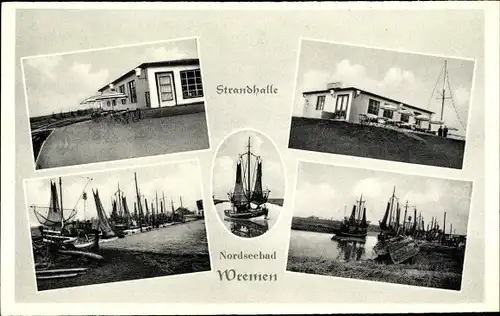 Ak Nordseebad Wremen Wurster Nordseeküste, Strandhalle, Fischerboote im Hafen