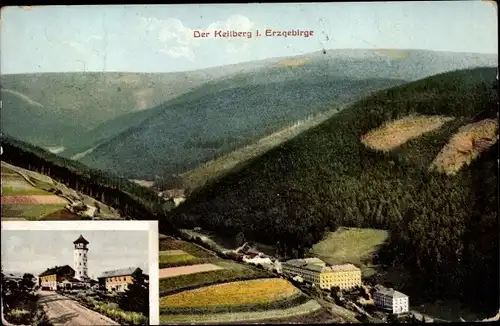 Ak Klinovec Keilberg Erzgebirge Reg. Karlsbad, Panorama, Aussichtsturm, Tabakfabrik