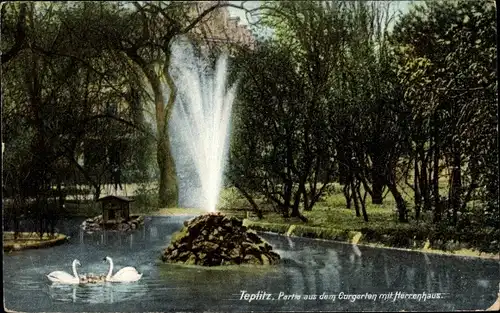 Ak Teplice Teplitz Schönau Region Aussig, Kurgarten, Herrenhaus, Springbrunnen