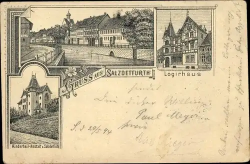 Vorläufer Litho Bad Salzdetfurth in Niedersachsen, Logierhaus, Kinderheilanstalt, Ortspartie, 1894