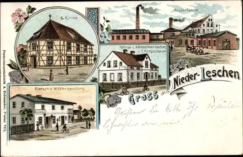 Litho Leszno Dolne Niederleschen Nieder Leschen Schlesien, Papierfabrik, Fahrradhandlung, Kirche