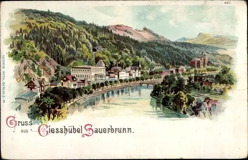 Künstler Litho Kyselka Gießhübl Giesshübl Sauerbrunn Region Karlsbad, Panorama