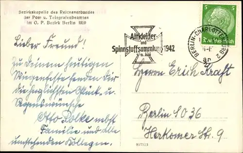 Ak Berlin Charlottenburg, Bezirkskapelle des Reichsverbandes d. Post u. Telegrafenbeamten 1929