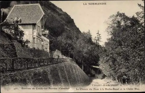 Ak Thury Harcourt Calvados, Le Chemin du Hom a la Roche Bunel et le Chalet Bleu
