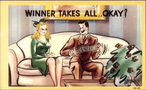 Künstler Ak Winner takes all, Frau mit großen Brüsten, Mann mit Spielkarten