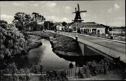 Ak Norden Ostfriesland, Deichmühle m. Mühlenbrücke