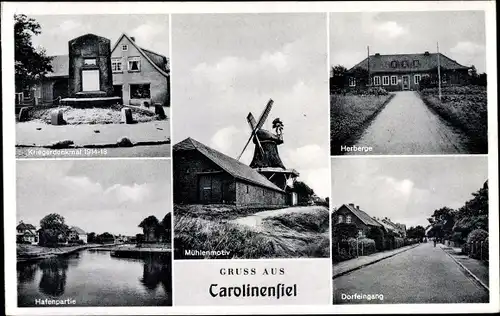 Ak Nordseebad Carolinensiel Wittmund in Ostfriesland, Mühle, Hafenpartie, Dorfeingang