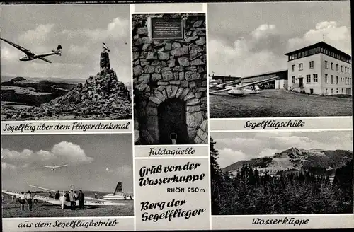 Ak Gersfeld Hessen, Wasserkuppe, Fliegerlager, Fliegerdenkmal, Fuldaquelle