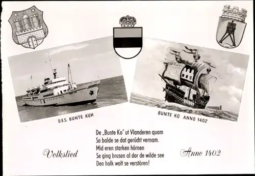 Wappen Lied Ak Nordseebad Cuxhaven, Bunte Kuh Segelschiff, Motorboot, Gaststätte Bunte Kuh