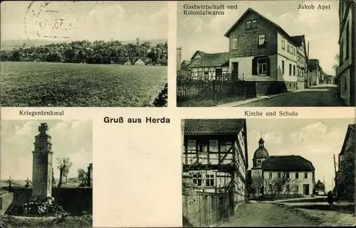 Ak Herda Berka Werra Suhl Tal im Wartburgkreis, Kirche, Schule, Gastwirtschaft, Kriegerdenkmal
