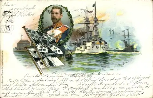 Künstler Litho Stöwer, Willy, Deutsches Kriegsschiff, SMS Deutschland, Linienschiff, Prinz Heinrich