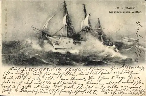 Künstler Ak Deutsches Kriegsschiff, SMS Stosch, gedeckte Korvette bei stürmischem Wetter