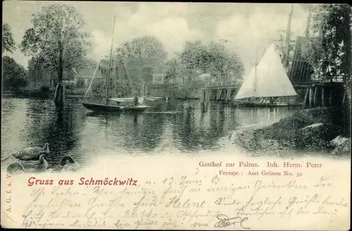 Ak Berlin Köpenick Schmöckwitz, Gasthof zur Palme, Segelboot