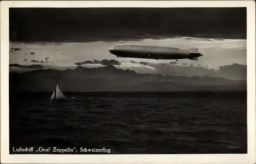 Ak Luftschiff Graf Zeppelin, LZ 127, Schweizerflug, Segelboot