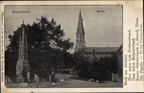 Ak Burhave Butjadingen Wesermarsch, Kriegerdenkmal, Kirche